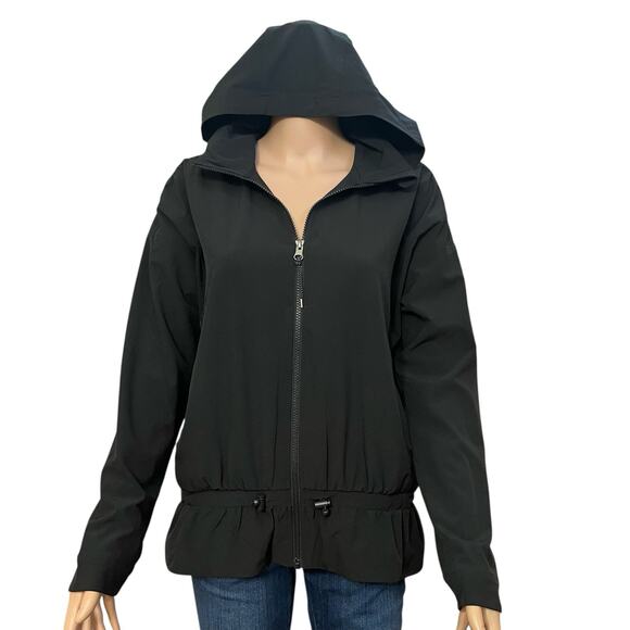 Spanx It’s A Cinch Full Zip Windbreaker Jacket XS Black Peplum Hem Packable Hood - Picture 1 of 10